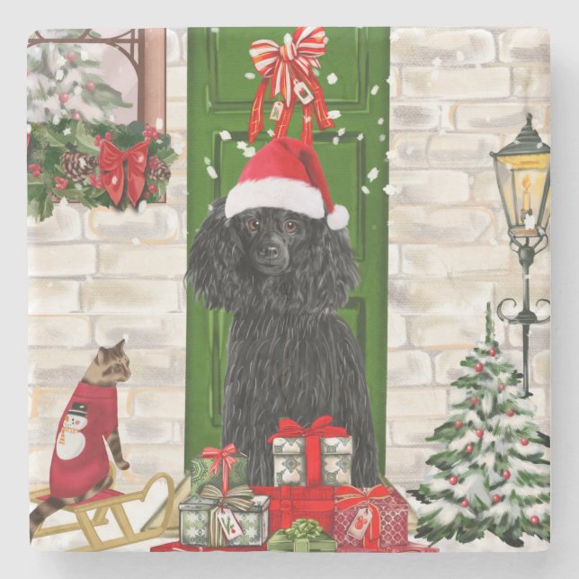 Porta-copo De Pedra Poodle Christmas (Frente)