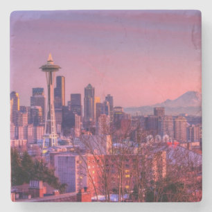 Porta-copo De Pedra Por do sol atrás da skyline de Seattle do parque