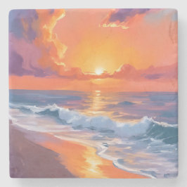 Porta-copo De Pedra Pôr do Sol Laranja Hora Dourada Praia Oceano Pintu