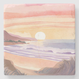 Porta-copo De Pedra Pôr do Sol no Mar Corado | Pintura em Aquarela de 