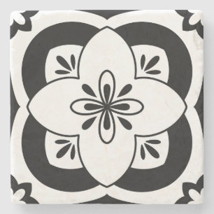 Porta-copo De Pedra Porta copos Floral da Azulejo - Preto