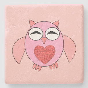 Porta-copo De Pedra Porta copos Pink Love Heart Owl Stone