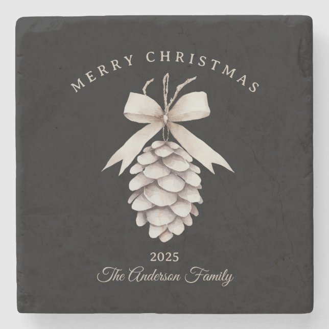 Porta-copo De Pedra presente de Natal de pinecone branco creme persona (Frente)