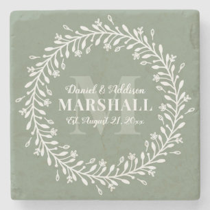 Porta-copo De Pedra Presente para Recém-Casados Coroa Verde Monograma
