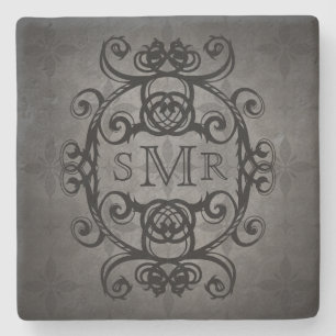 Porta-copo De Pedra Preto e cinzas do monograma do vintage