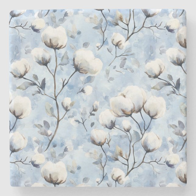 Porta-copo De Pedra Pretty Light Blue White Floral (Frente)