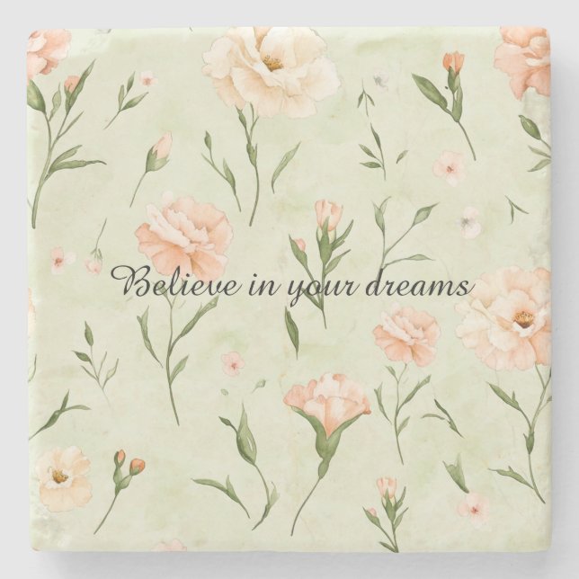 Porta-copo De Pedra Pretty Mint Peach Floral (Frente)