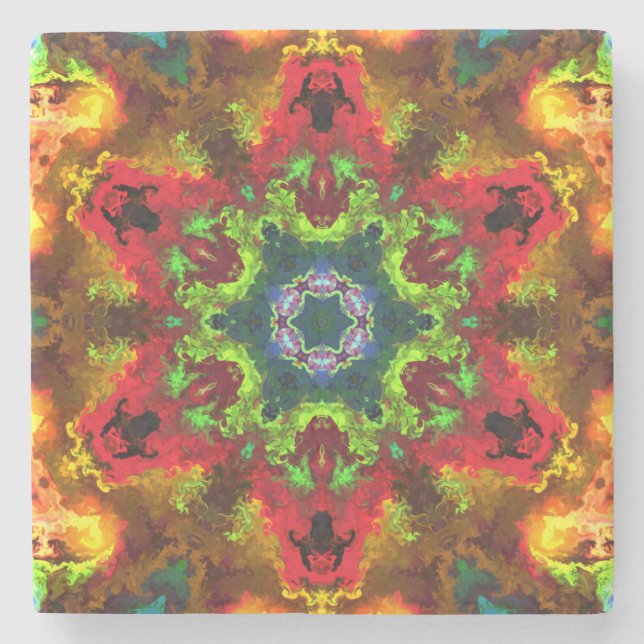 Porta-copo De Pedra Psicodélico Flor de Hippie Verde Vermelho e Laranj (Frente)