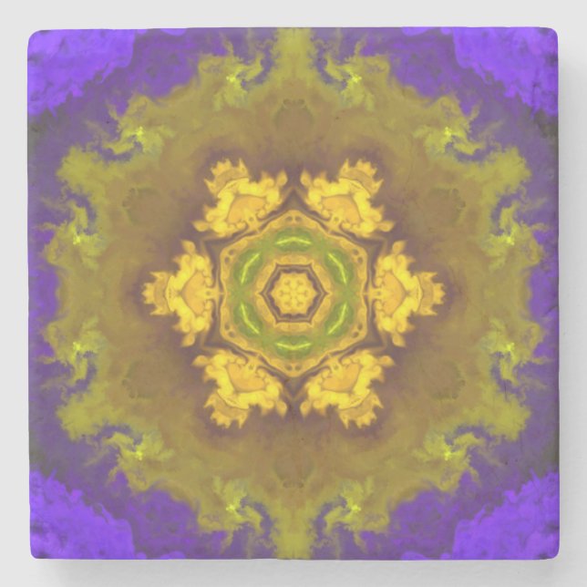 Porta-copo De Pedra Psicodélico Flor Mandala, Púrpura e Amarelo (Frente)