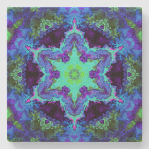Porta-copo De Pedra Psicodélico Mandala Flor Azul Verde e Roxo