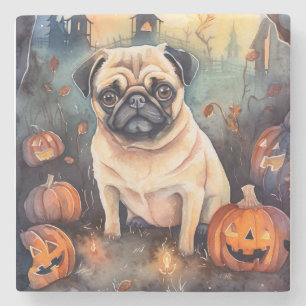 Porta-copo De Pedra Pug de Halloween com Abóboras Assustadoras