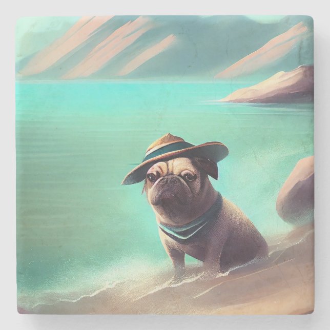 Porta-copo De Pedra Pug se divertindo na pintura de praia (Frente)
