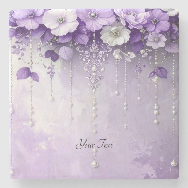 Porta-copo De Pedra Purple Flowers with Dangling Pearls Stone Coaster (Frente)