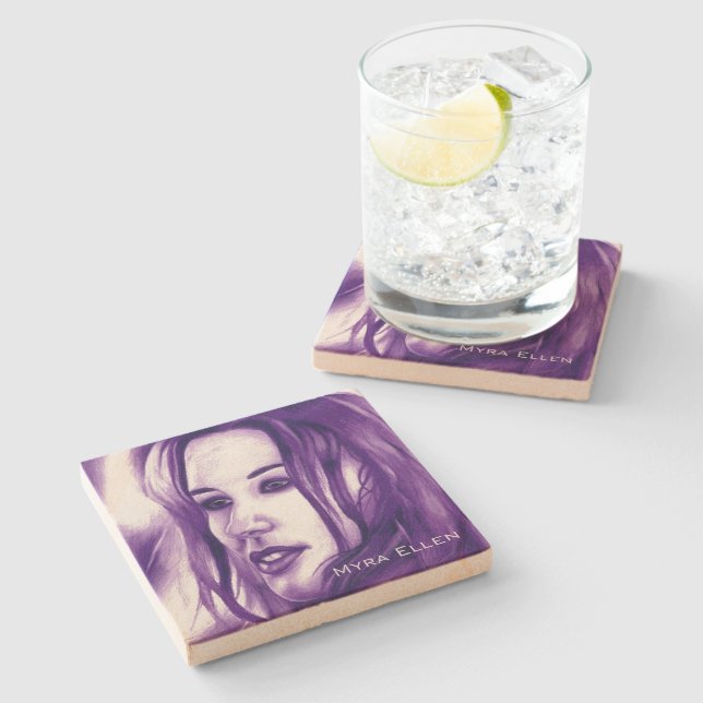 Porta-copo De Pedra Purple People Woman Portrait Original Art (Lateral)