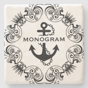 Porta-copo De Pedra Quadro floral preto & âncora náutica Monogramed
