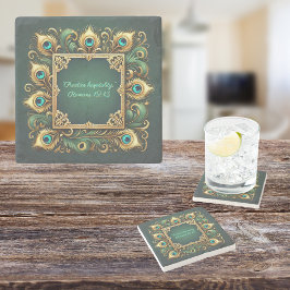 Porta-copo De Pedra Quadro Pavão Dourado Verde Personalizável