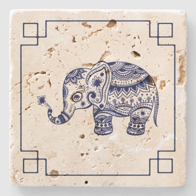 Porta-copo De Pedra Quadro Simples de Ilustração de Elefante Azul (Frente)