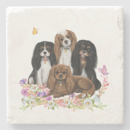 Porta-copo De Pedra Quatro Cavaleiros Rei Charles Spaniels em Flores