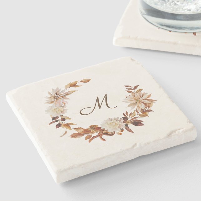 Porta-copo De Pedra Quebra de Aquarela Folhagem Foliar Monograma Sto (Watercolor Fall Floral Leaves Foliage Monogram Stone Coaster by Painted Paperie
)