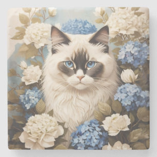 Porta-copo De Pedra Ragdoll Cat Com Flores De Hydrangea Azuis