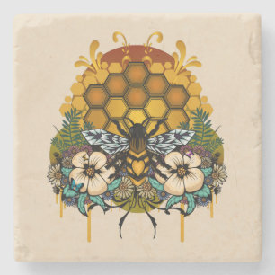 Porta-copo De Pedra Rainha Abelha Floral Favo de Mel Elegante Mármore