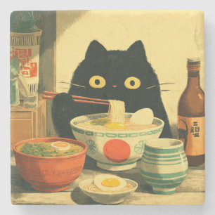 Porta-copo De Pedra Ramen Comendo Gato Negro Engraçado