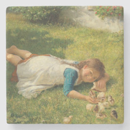 Porta-copo De Pedra Rapariga Brincando com Pintinhos (Galinha e Galinh