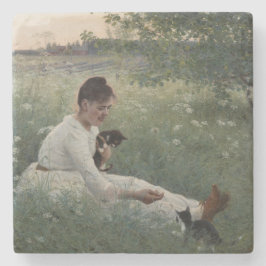 Porta-copo De Pedra Rapariga com Gatos na Paisagem de Verão (Kittens)