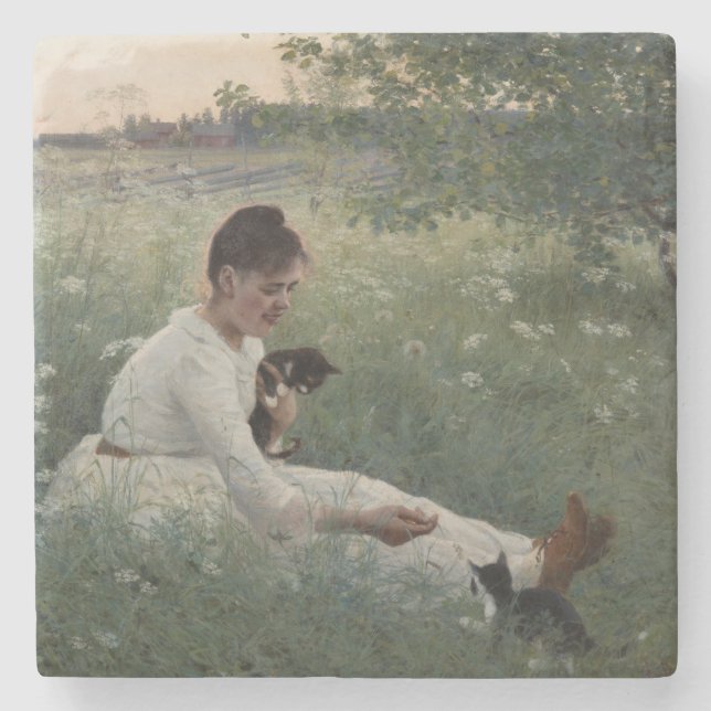 Porta-copo De Pedra Rapariga com Gatos na Paisagem de Verão (Kittens) (Frente)