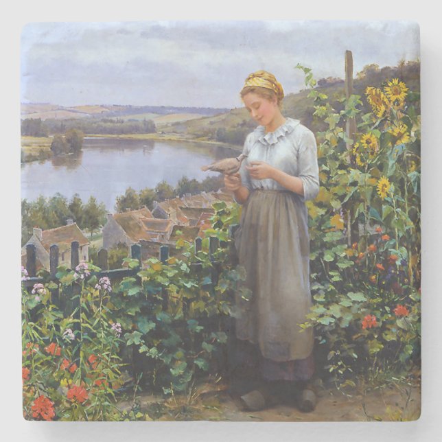 Porta-copo De Pedra Rapariga e sua Pet Dove (Jovem e Pássaro) (Frente)