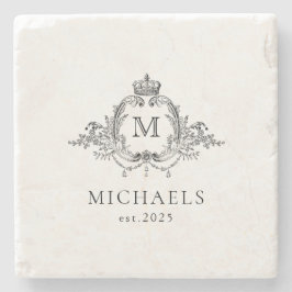 Porta-copo De Pedra Real Crest Elegante Wreath Monograma