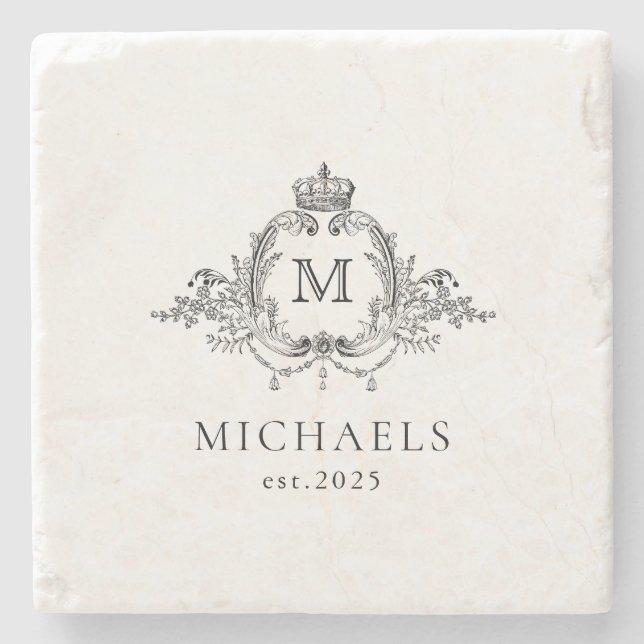 Porta-copo De Pedra Real Crest Elegante Wreath Monograma (Frente)