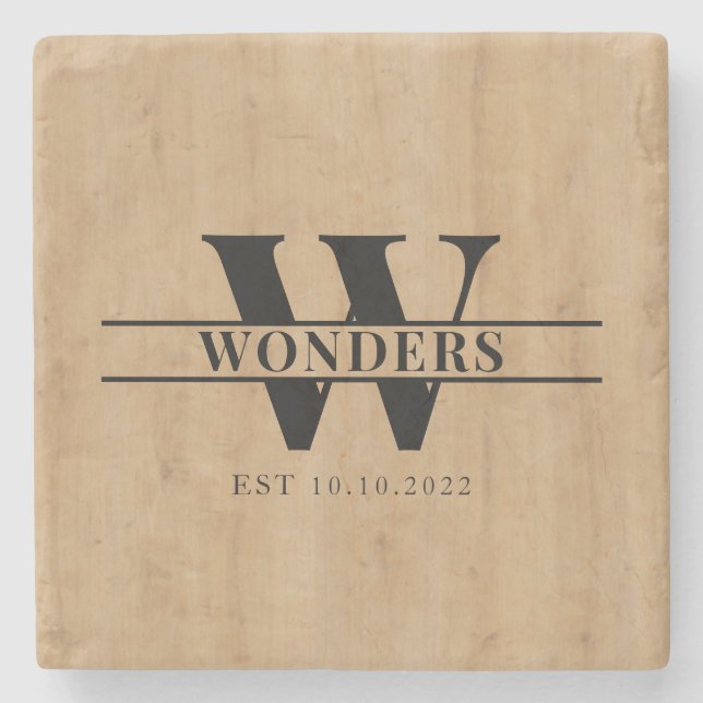 Porta-copo De Pedra Realistic Light Wood Grain Monogram Wedding (Frente)