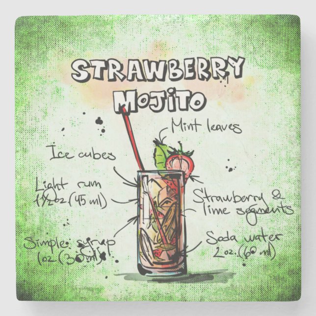 Porta-copo De Pedra Receita de Bebida de Mojito de Morango (Frente)