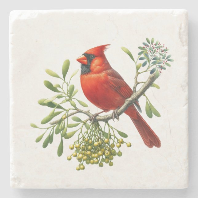 Porta-copo De Pedra Red Cardinal Holiday Mistletoe (Frente)