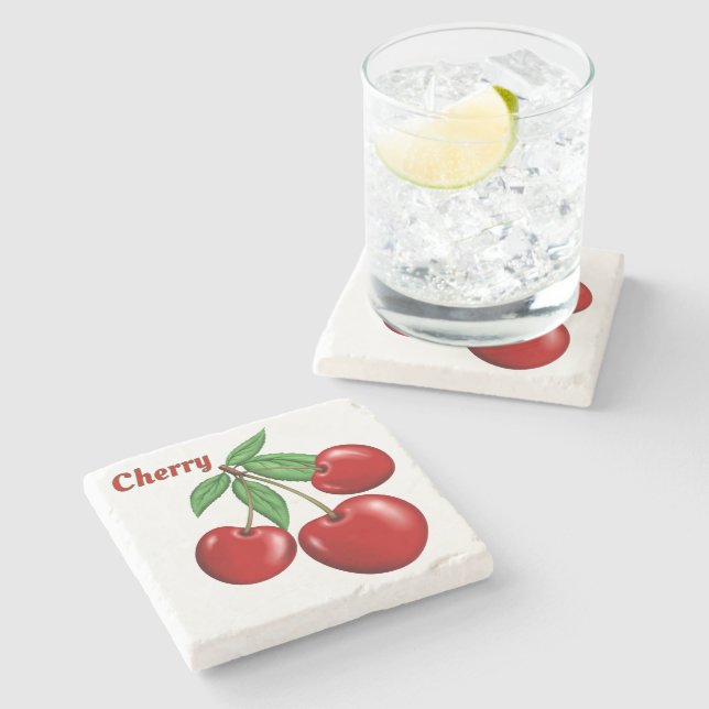 Porta-copo De Pedra Red Cherries Design Personalizado (Lateral)