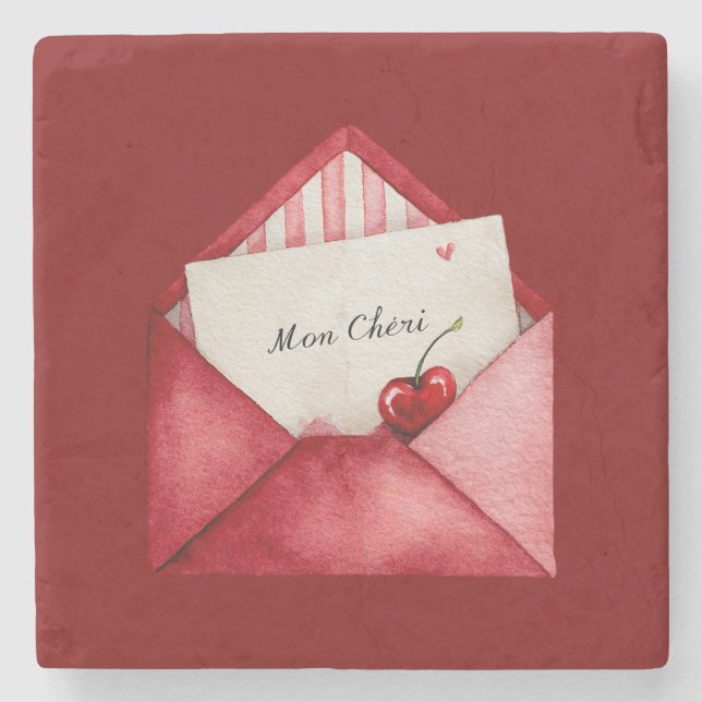 Porta-copo De Pedra Red Cherry Heart Envelope Valentine's Day (Frente)