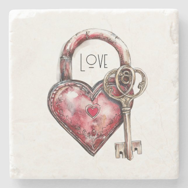 Porta-copo De Pedra Red Heart Lock & Key Love (Frente)