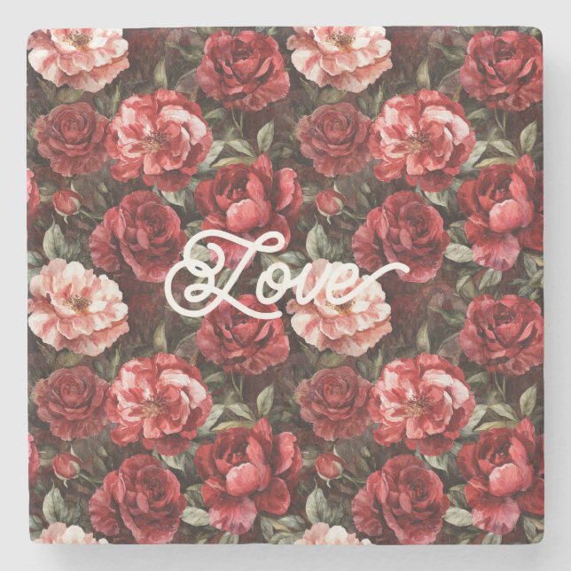 Porta-copo De Pedra Red Pink Rose Flowers   (Frente)