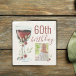 Porta-copo De Pedra Red Wine Rose Watercolor Photo 60th Birthday<br><div class="desc">Rustic Red Wine Glass Rose Watercolor Photo 60th Birthday Stone Coaster. The design has watercolor red wine glass,  roses and twigs. The text is fully customizable - personalize it with your photo and age.</div>
