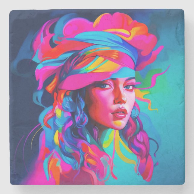 Porta-copo De Pedra Retrato de Abstrato vibrante (Frente)