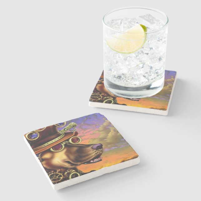 Porta-copo De Pedra Retrato de Cachorro Digital Steampunk (Lateral)