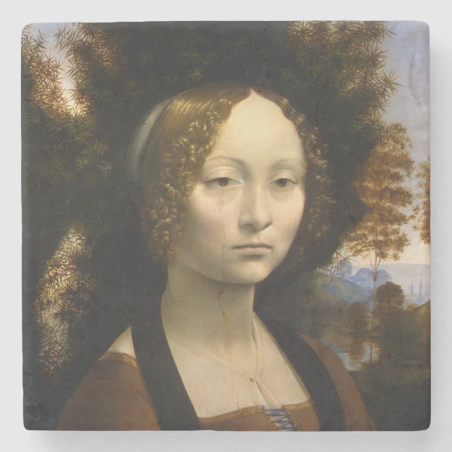Porta-copo De Pedra Retrato de Ginevra de Benci por Leonardo da Vinci (Frente)