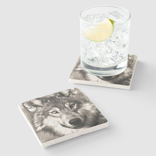 Porta-copo De Pedra Retrato de lobo (Lateral)