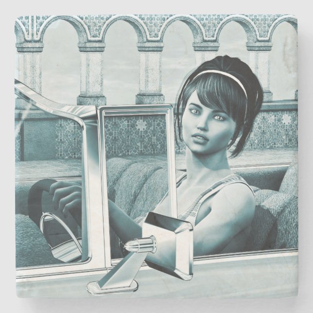 Porta-copo De Pedra Retrato de Mulher Glamour Azul Vintage (Frente)