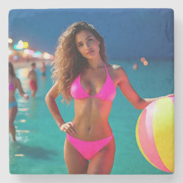 Porta-copo De Pedra Retrato de Praia Twilight — Mulher do Neon Pink Bi
