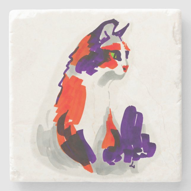 Porta-copo De Pedra Retrato Gato - Arte Gráfica Negrito Laranja e Viol (Frente)