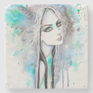 Porta-copo De Pedra Retrato Moderno da Menina Gótica Art Watercolor