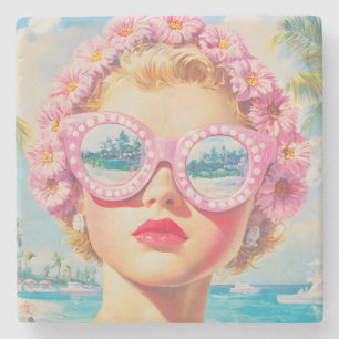 Porta-copo De Pedra Retro Beach Girl com óculos de sol florais