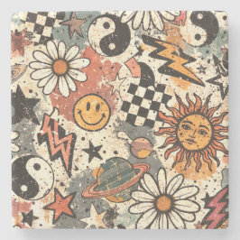 Porta-copo De Pedra Retro Groovy Smiley Sun Daisy Psychedelic Pattern